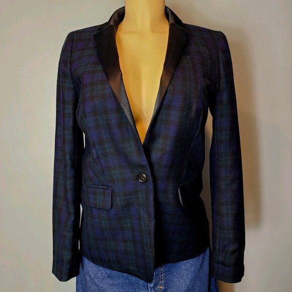 J CREW Plaid Regent Wool Blazer Womens Size 2 Satin Lapel Blue Green Academia - Picture 2 of 12